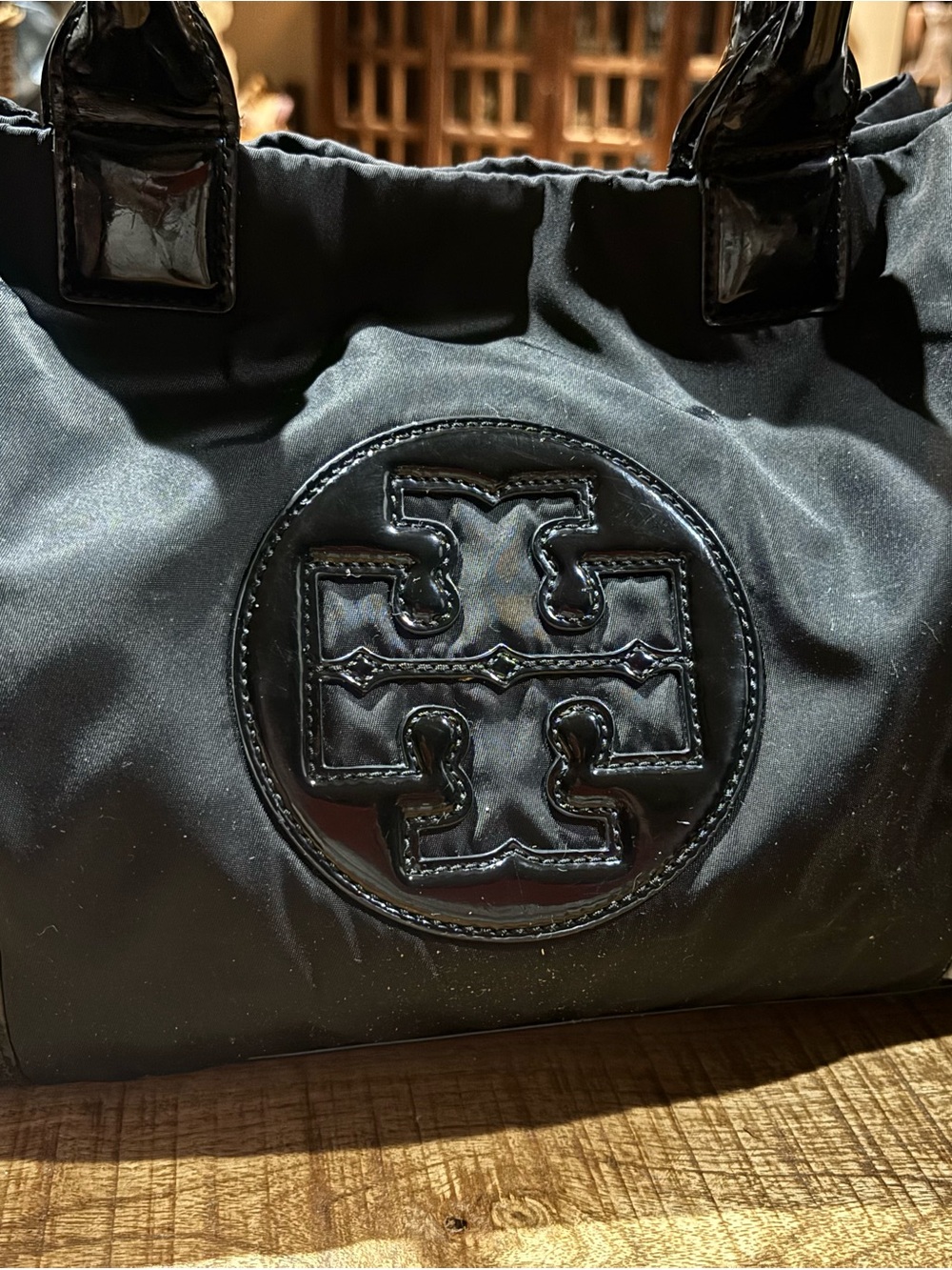 Tory Burch Ella Black Nylon Tote with Patent Logo